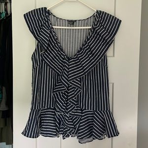 Navy and white stripe ruffle sleeveless shirt